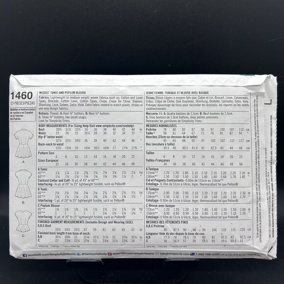 Simplicity 1950's Vintage 1460 “Tunic & Peplum Blouse”(6-14)Sewing Pattern Uncut - Picture 2 of 5